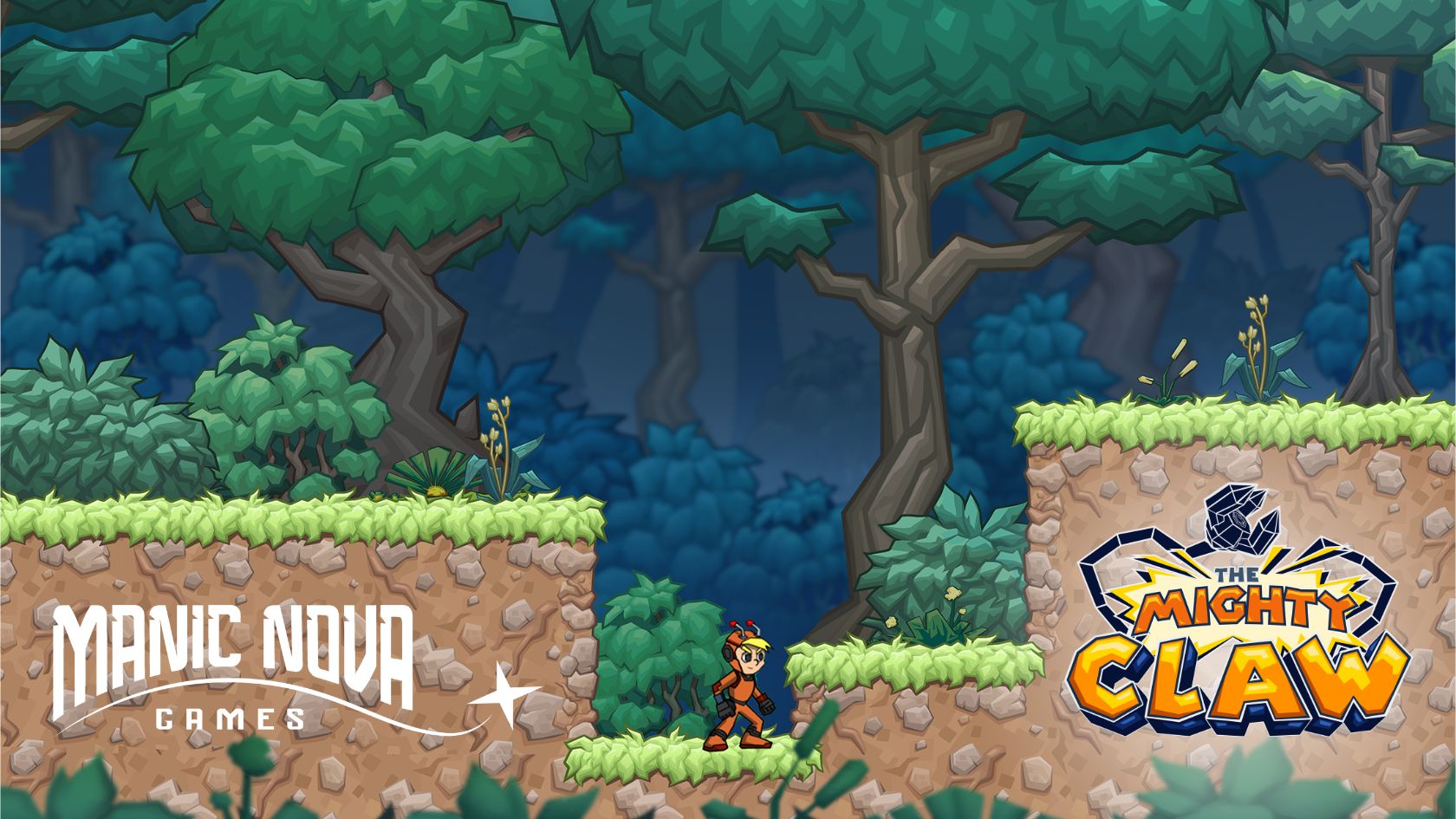 Character standing in a lush forest scene from the game 'The Mighty Claw,' with logos for 'Manic Nova Games' and 'The Mighty Claw' displayed in the corners