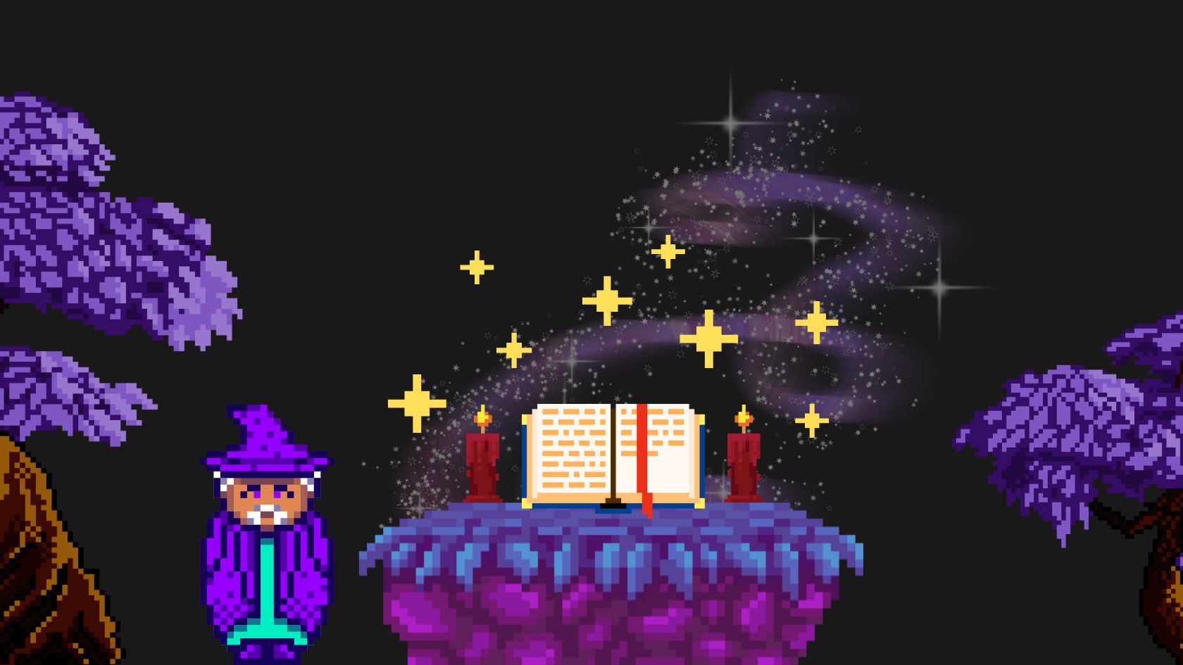Pixel art of a wizard and a magical book surrounded by glowing stars.