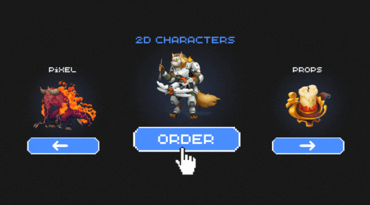 Selection screen showcasing pixel art, 2D characters, and props for order.