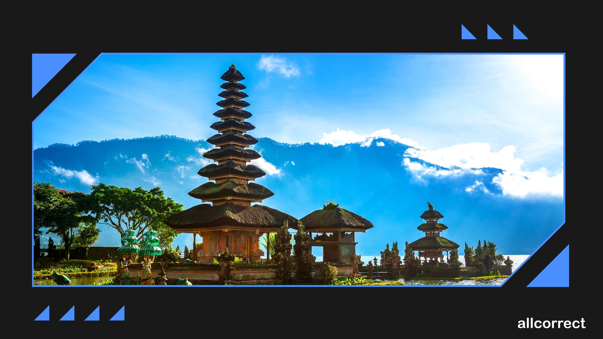 Scenic view of a traditional Balinese temple with tiered roofs, set against a backdrop of mountains and a bright sky, framed with geometric design elements and the 'Allcorrect' logo.
