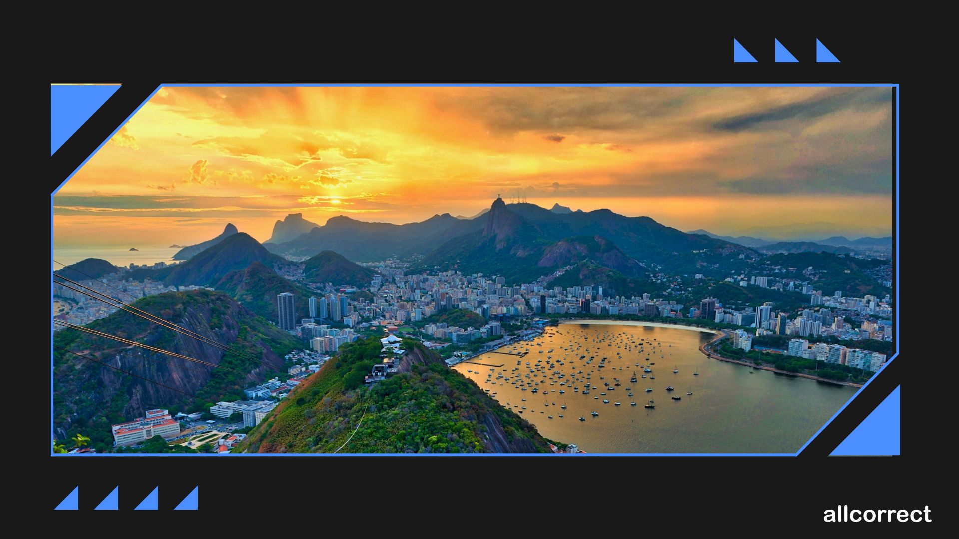 Panoramic view of Rio de Janeiro at sunset, with Sugarloaf Mountain, Christ the Redeemer statue, and the cityscape, framed with geometric design elements and the 'Allcorrect' logo.