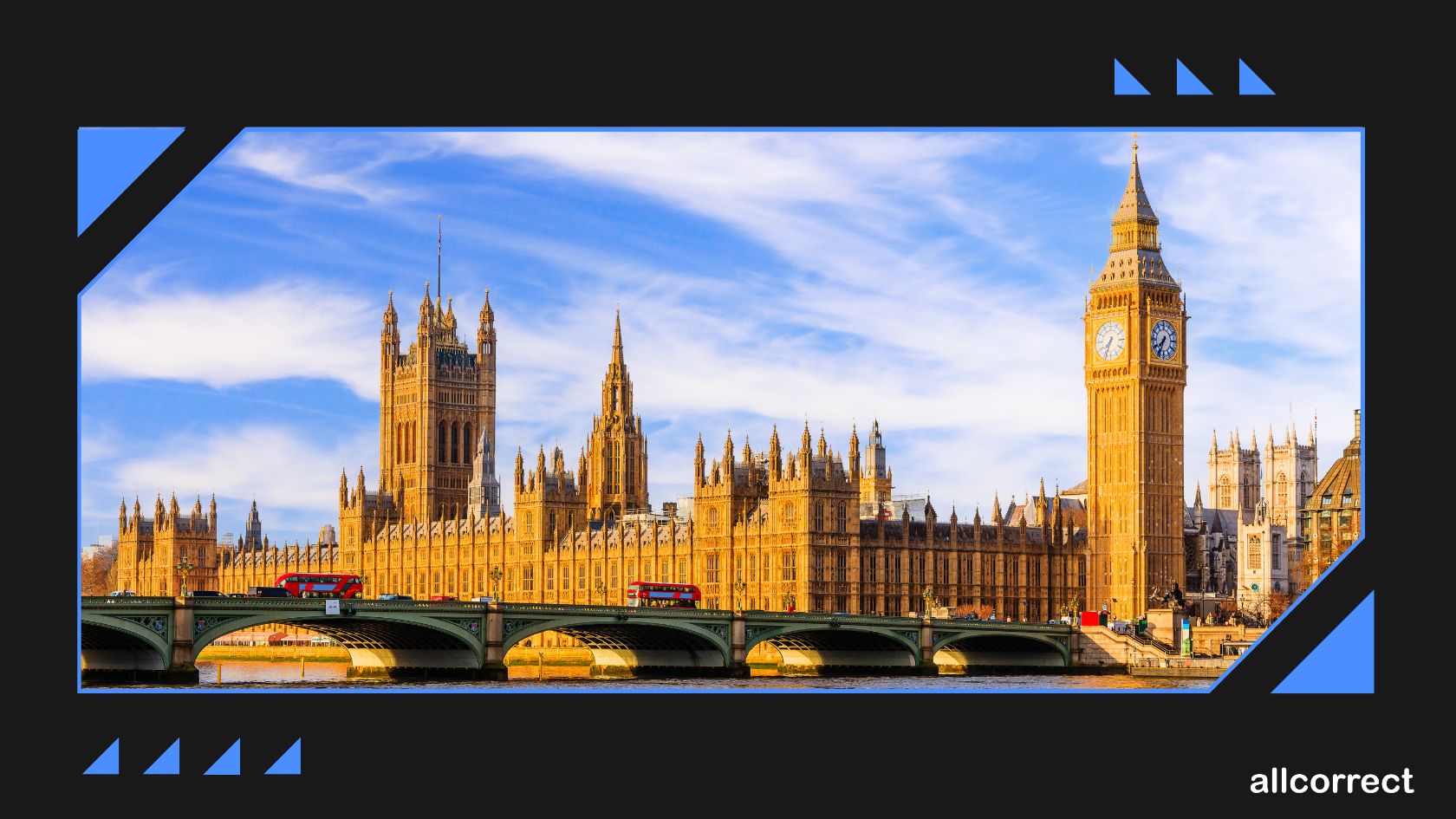 Iconic view of the Houses of Parliament and Big Ben in London, with double-decker buses crossing Westminster Bridge, framed with geometric design elements and the 'Allcorrect' logo.