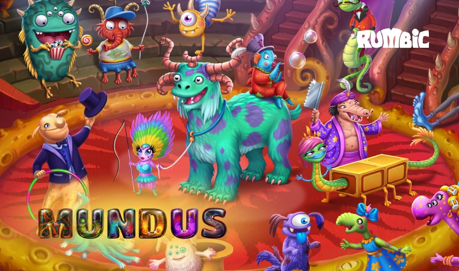 Colorful circus scene with quirky fantasy creatures and a playful atmosphere, featuring the title 'Mundus' in vibrant letters.