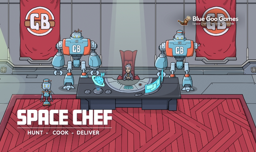 Futuristic office scene from the game Space Chef by Blue Goo Games, featuring robots and a character at a control desk."