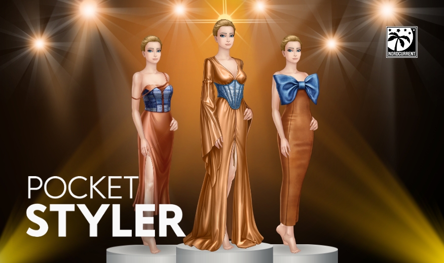 Three stylish models on a spotlighted stage showcasing elegant outfits in Pocket Styler by Nordcurrent.