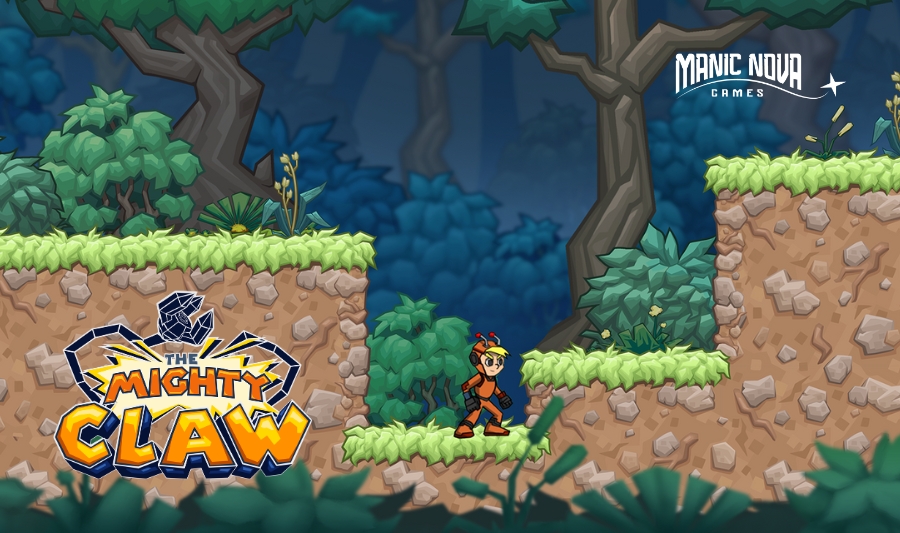 A colorful forest platform scene from The Mighty Claw by Manic Nova Games, featuring a character exploring rocky terrain