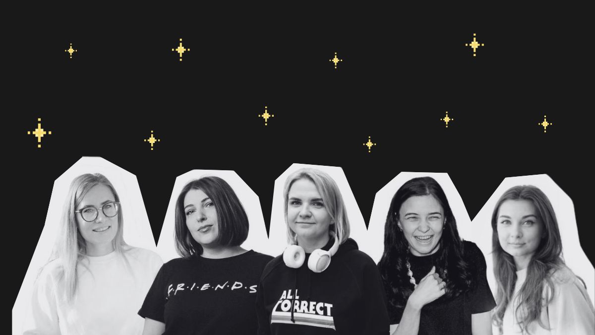 Black and white photo of five women, with pixel art stars in the background, celebrating their careers at Allcorrect.