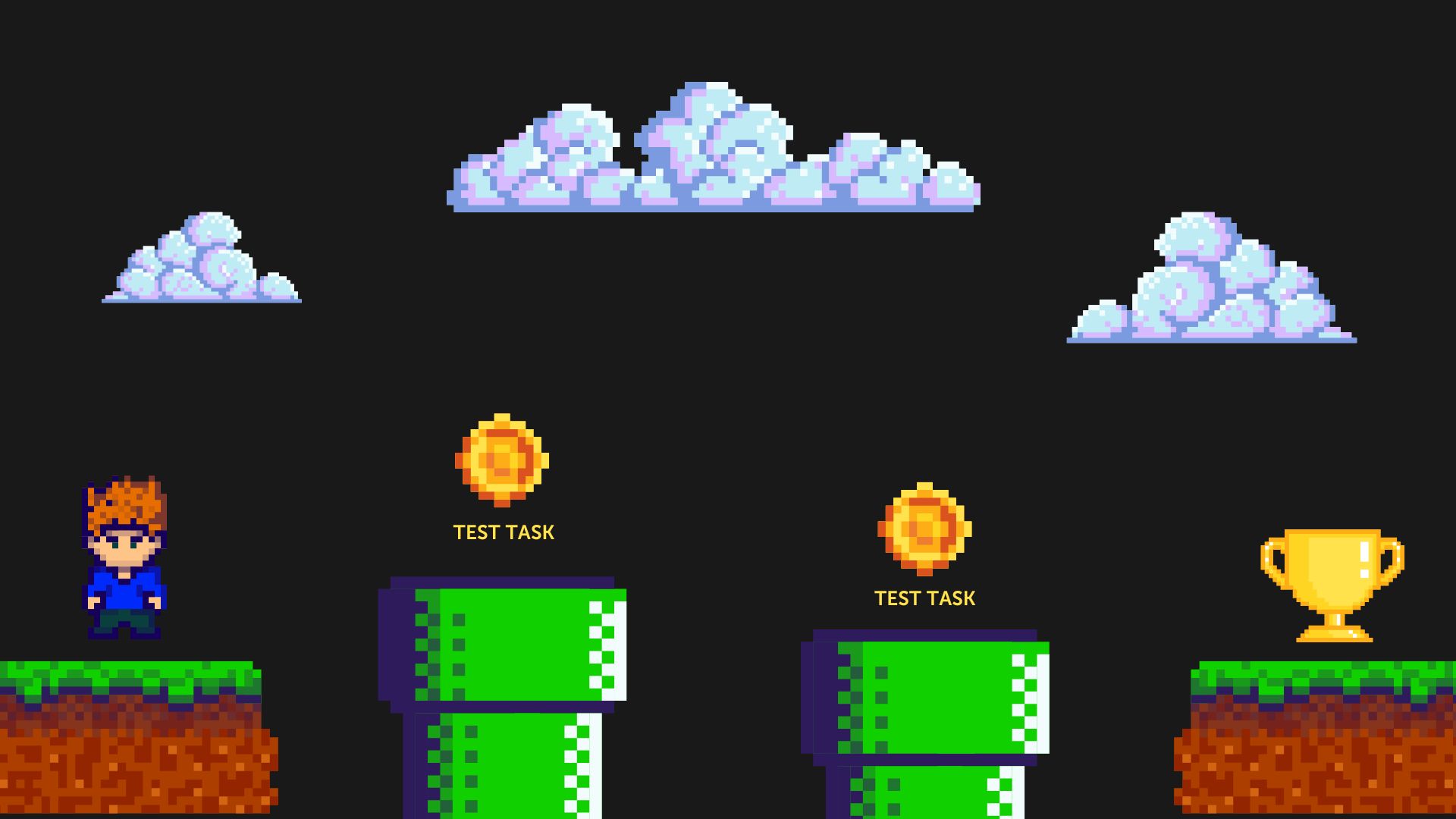 Pixel art scene featuring a character navigating a platform with 'test task' coins and a trophy at the end, representing the path to completing a test task successfully.