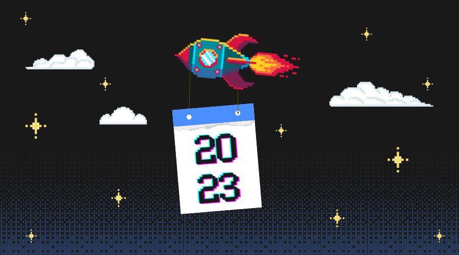 Pixel art rocket flying in space with a hanging calendar showing the year 2023.