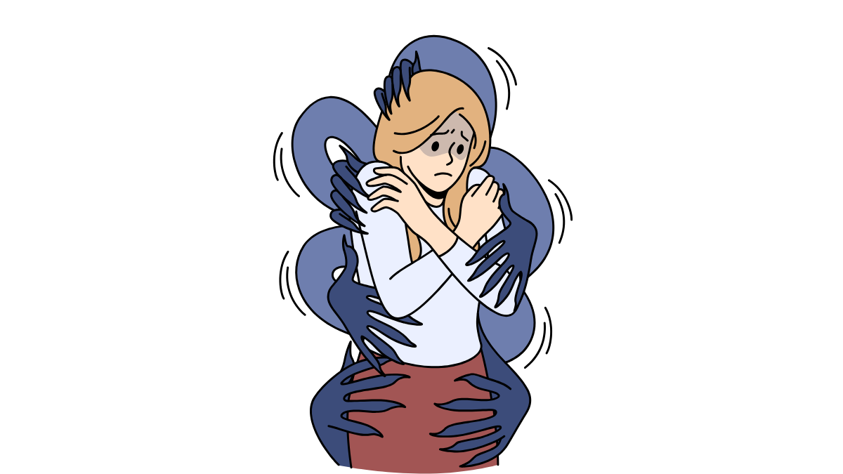 the girl stands in awe. She is hugged by creepy arms from her back